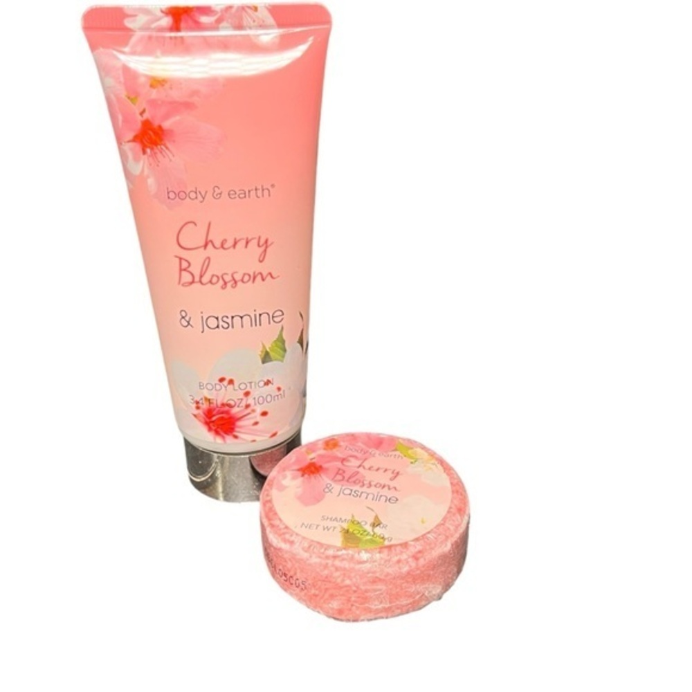 NEW Body & Earth CHERRY BLOSSOM & JASMINE Body Lotion + Shampoo‎ Bar GIFT